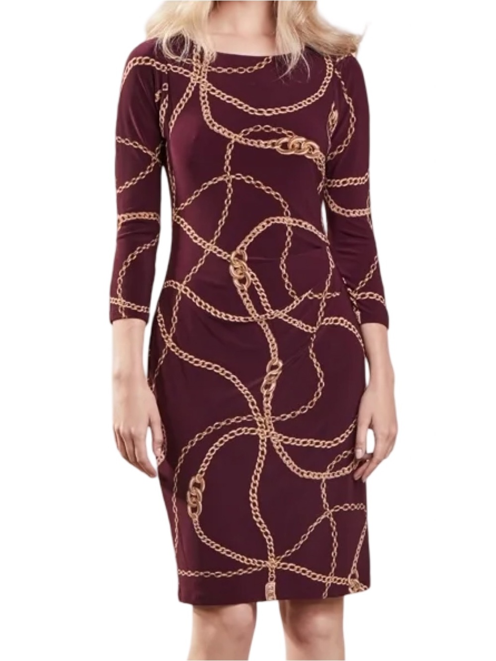 Lauren Ralph Lauren Women’s Size 6 Burgundy Gold Chain Link Print Sheath Dress